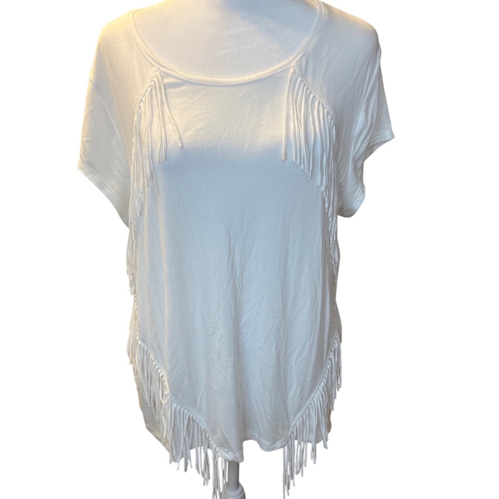 Zenergy by Chicos White Fringe Short Sleeve Scoop Neck Top Size 2 Large